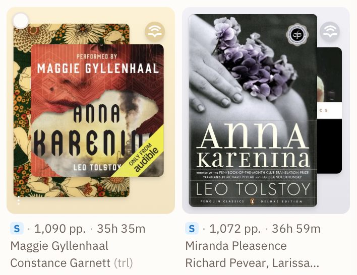 multiple editions of Anna Karenina showing different translations