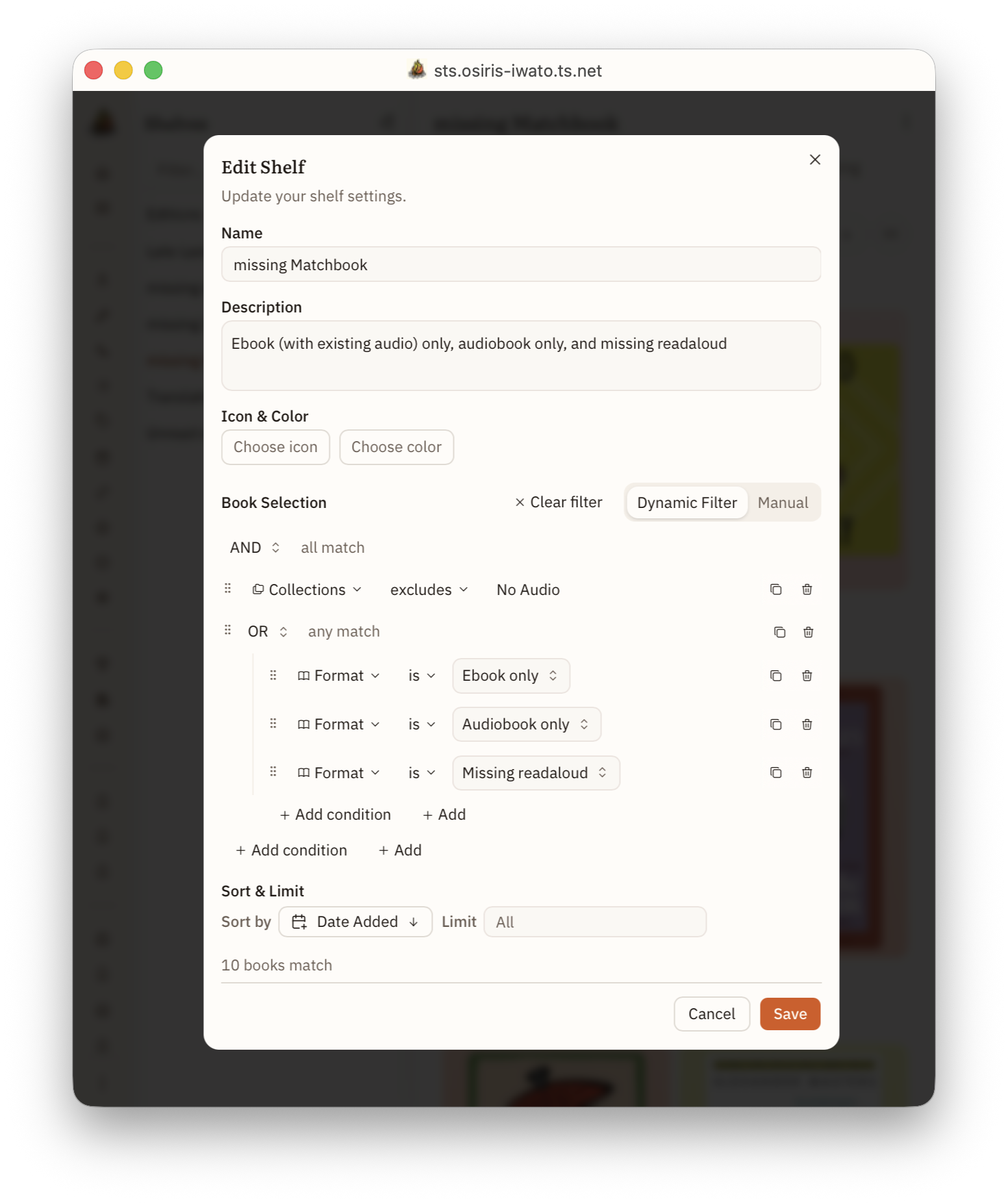 smart shelf builder modal box filled out with recipe for missing matchbooks