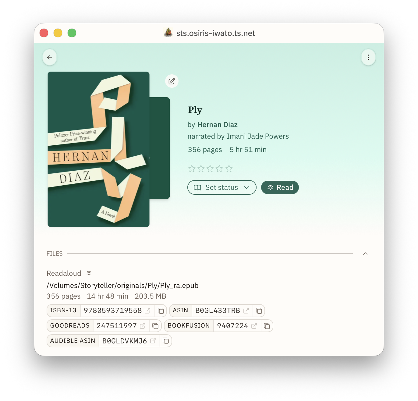 Details pages showing multiple identifiers for a readaloud including Amazon, Audible, ISBN, Goodreads, and BookFusion