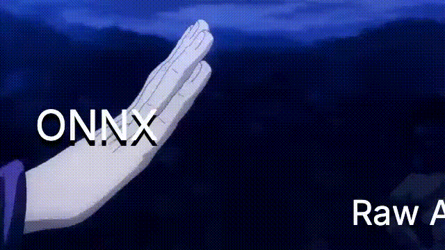 Gif of Jogo's hand, labeled as "Raw audio", reaching out to Gojo's hand, labeled "ONNX". Showing Jogo stopping right before being able to reach Gojo